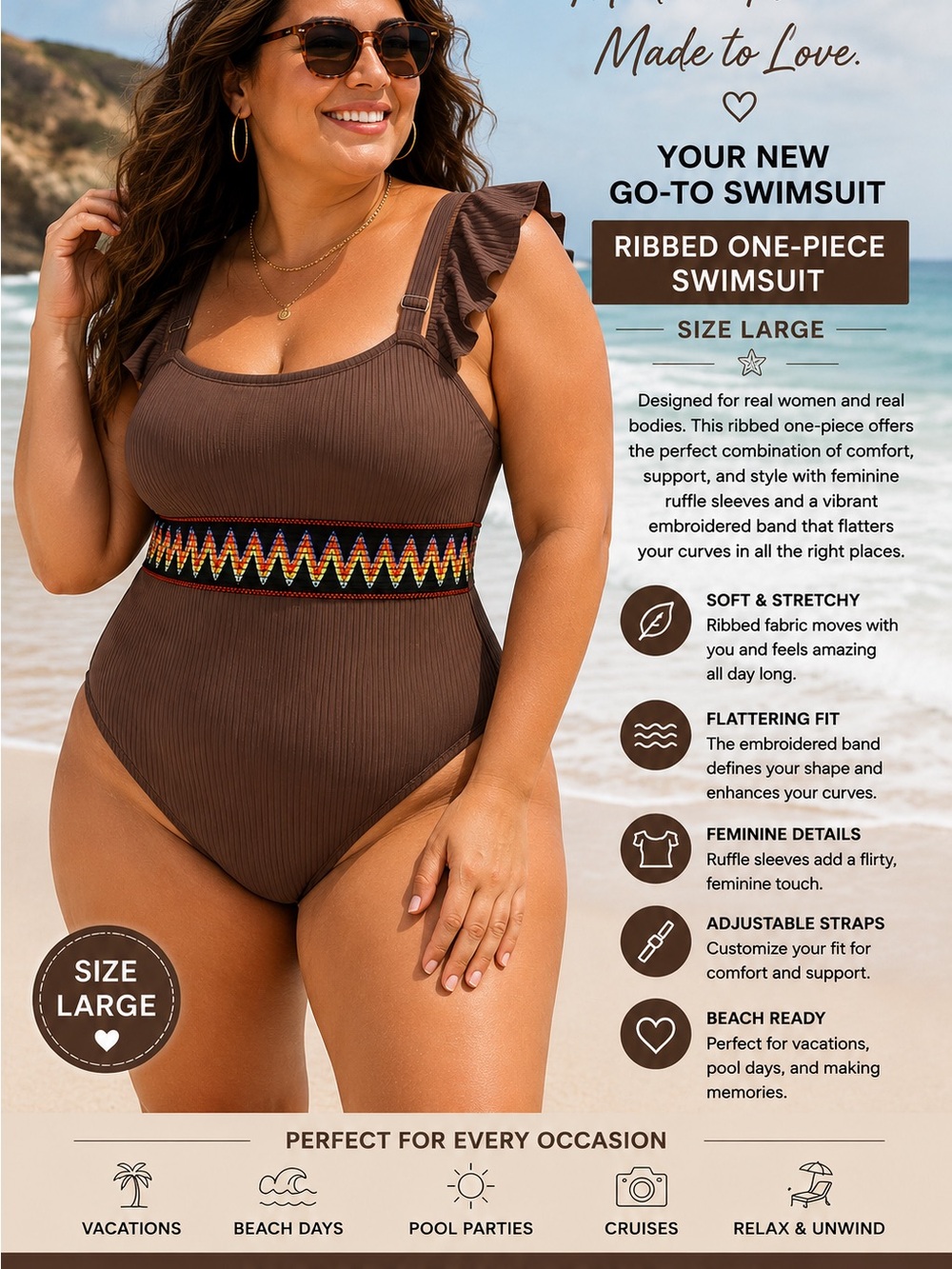 Ribbed One-Piece Swimsuit with Embroidered Band - Brown